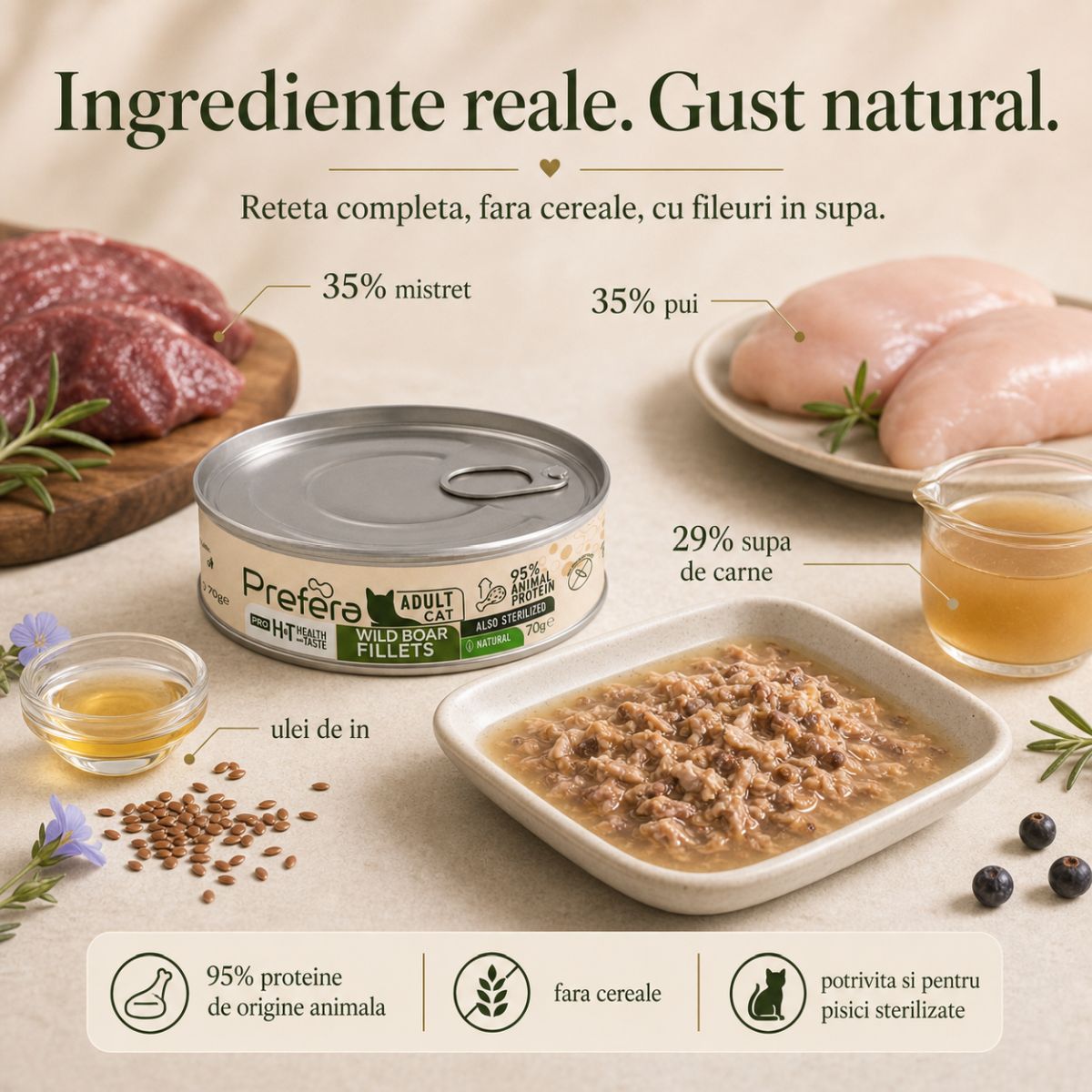 PREFERA Pro H&T Fillets, Mistreț, conservă hrană umedă fără cereale pisici, (în supă), 70g - imagine 5